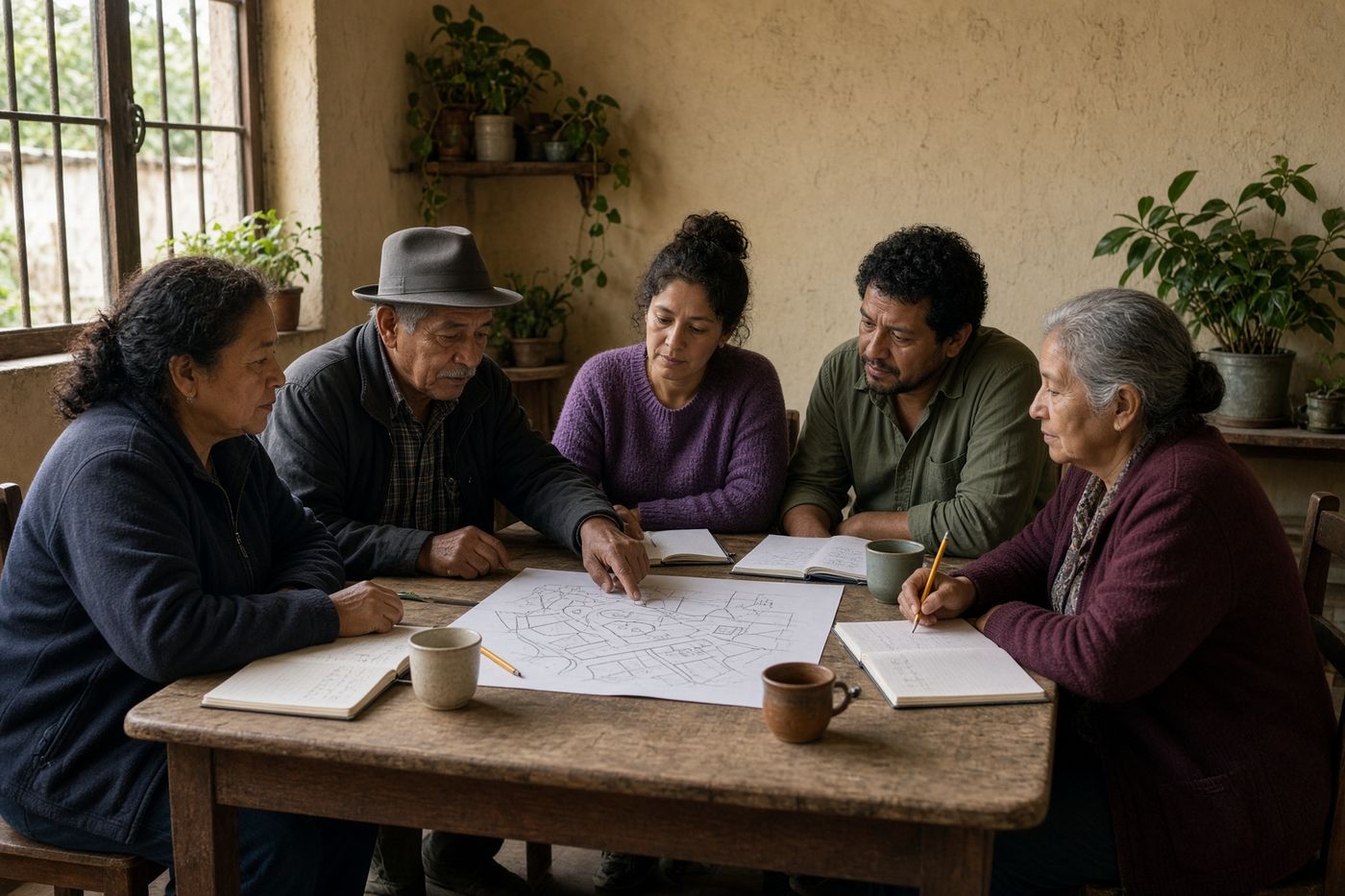 Adultos revisan cuadernos y un mapa alrededor de una mesa de madera.