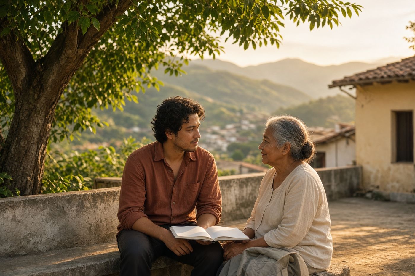 Dos personas conversan en un patio al atardecer, con un cuaderno abierto entre ellas.